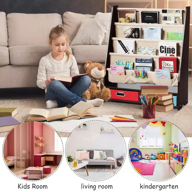 Étagère à Livres pour Enfants avec 4 Poches en Tissu et 2 Bacs de Rangement Espresso/Beige