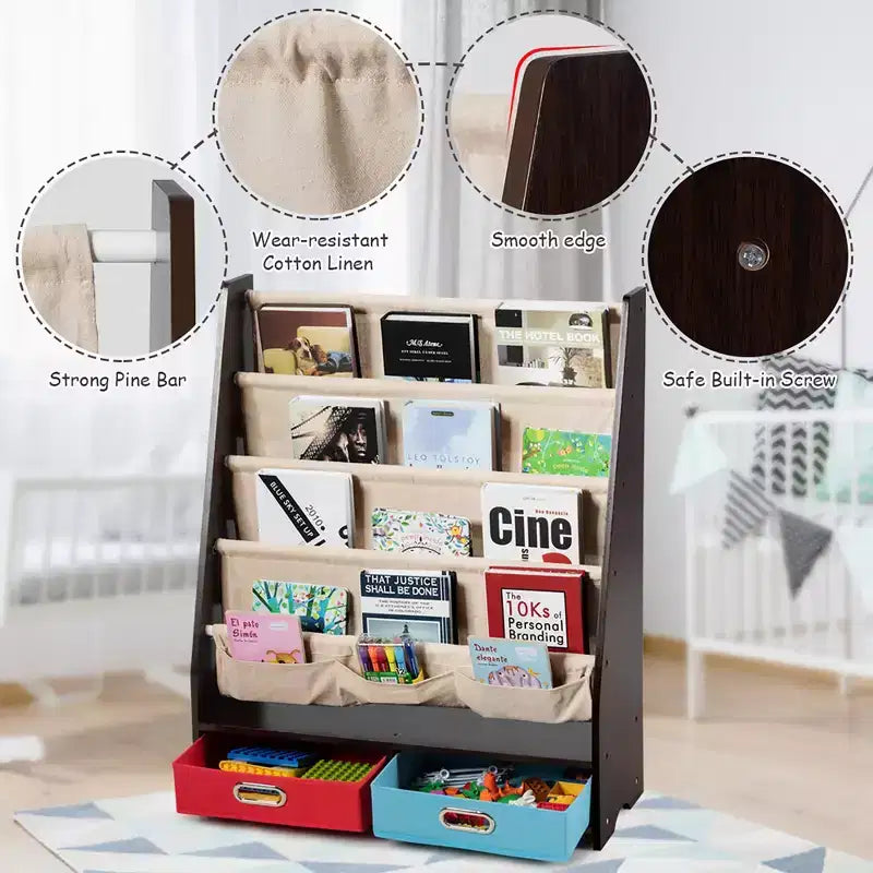 Étagère à Livres pour Enfants avec 4 Poches en Tissu et 2 Bacs de Rangement Espresso/Beige
