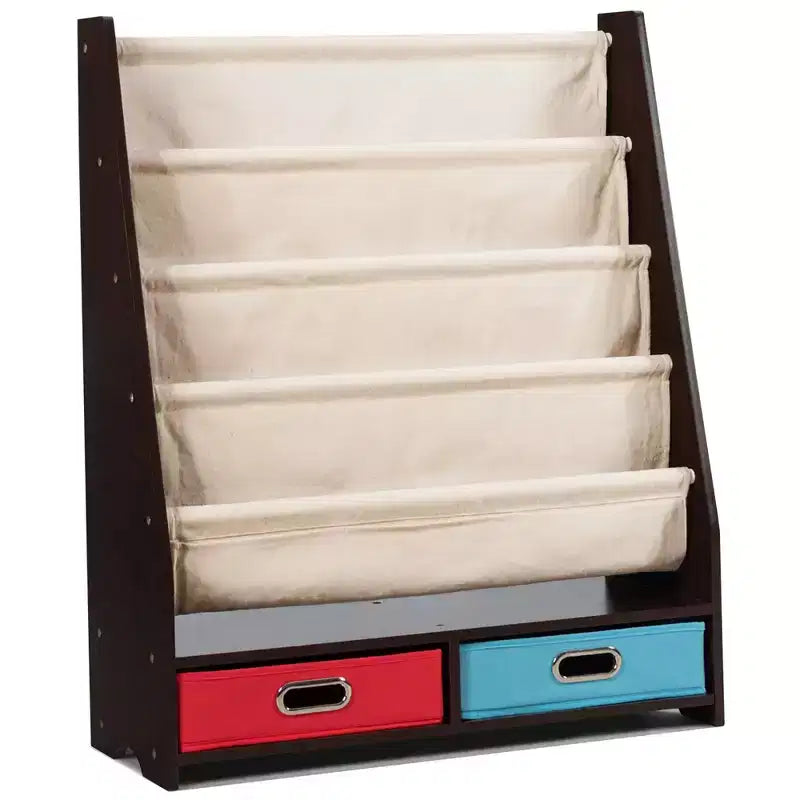 Étagère à Livres pour Enfants avec 4 Poches en Tissu et 2 Bacs de Rangement Espresso/Beige