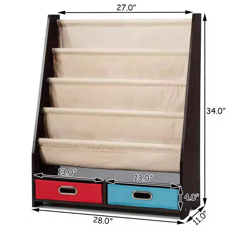 Étagère à Livres pour Enfants avec 4 Poches en Tissu et 2 Bacs de Rangement Espresso/Beige
