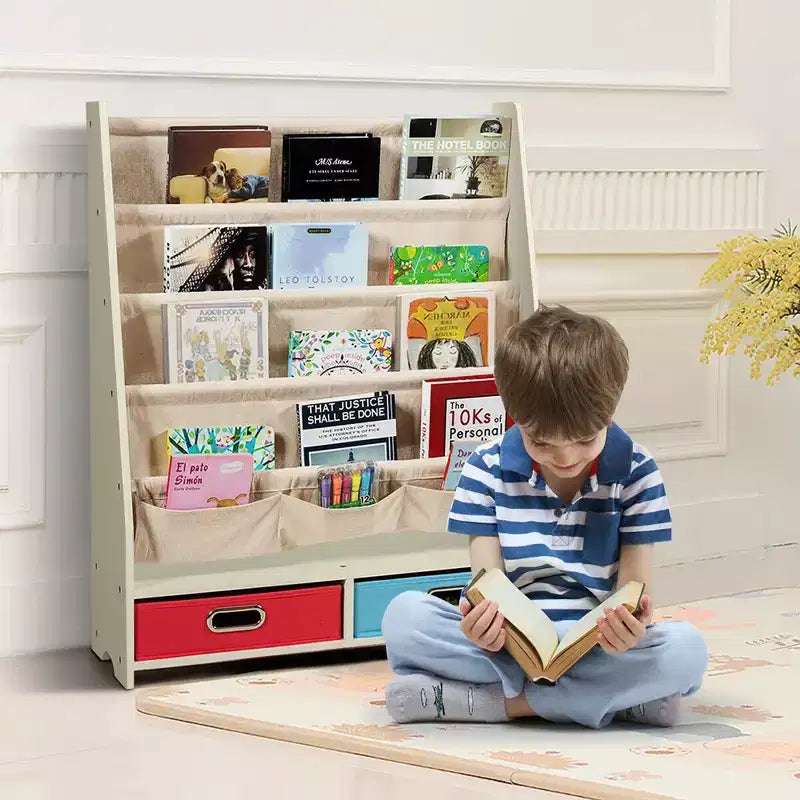 Étagère à Livres pour Enfants avec 4 Poches en Tissu et 2 Bacs de Rangement Espresso/Beige
