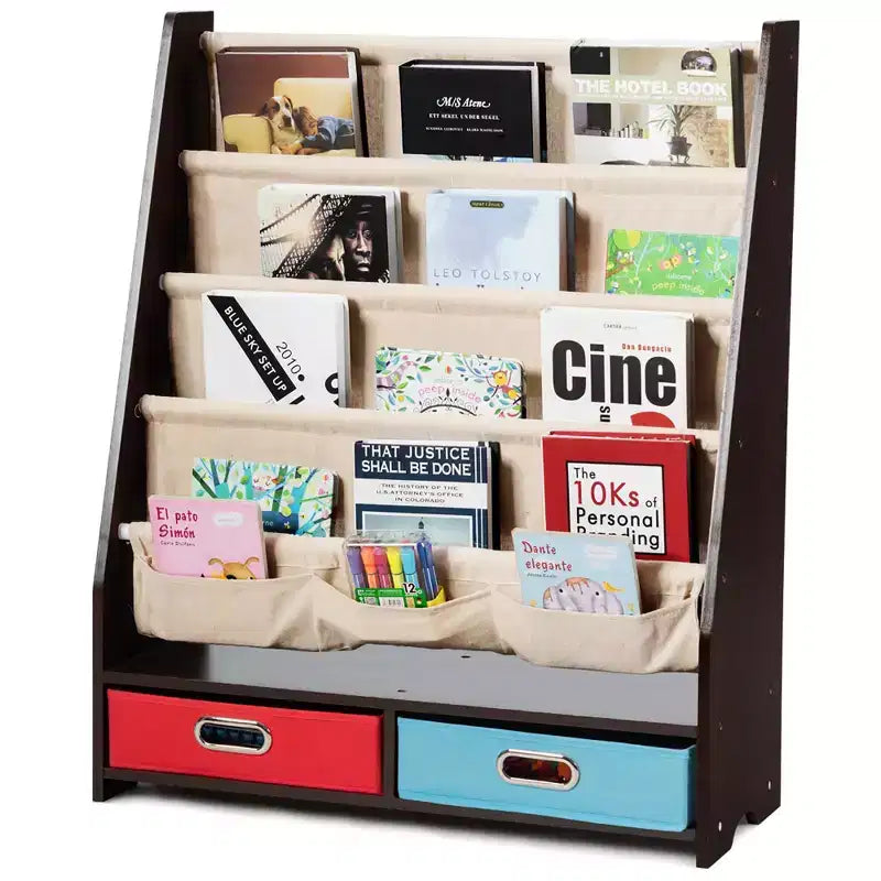 Étagère à Livres pour Enfants avec 4 Poches en Tissu et 2 Bacs de Rangement Espresso/Beige