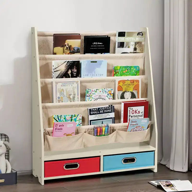 Étagère à Livres pour Enfants avec 4 Poches en Tissu et 2 Bacs de Rangement Espresso/Beige