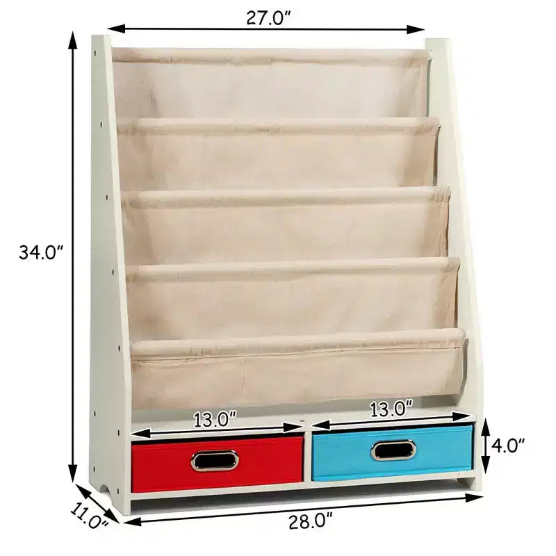 Étagère à Livres pour Enfants avec 4 Poches en Tissu et 2 Bacs de Rangement Espresso/Beige