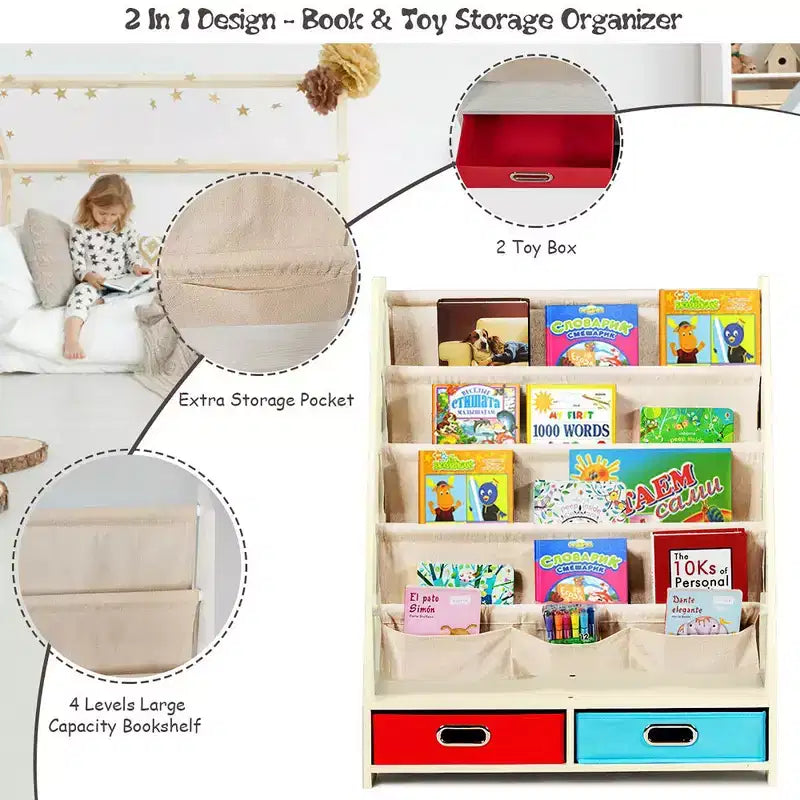 Étagère à Livres pour Enfants avec 4 Poches en Tissu et 2 Bacs de Rangement Espresso/Beige