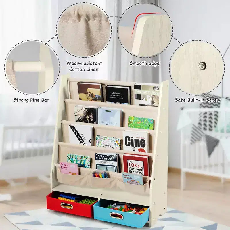 Étagère à Livres pour Enfants avec 4 Poches en Tissu et 2 Bacs de Rangement Espresso/Beige