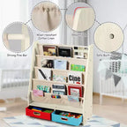 Étagère à Livres pour Enfants avec 4 Poches en Tissu et 2 Bacs de Rangement Espresso/Beige