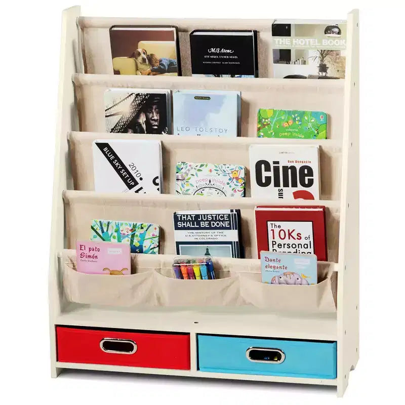 Étagère à Livres pour Enfants avec 4 Poches en Tissu et 2 Bacs de Rangement Espresso/Beige