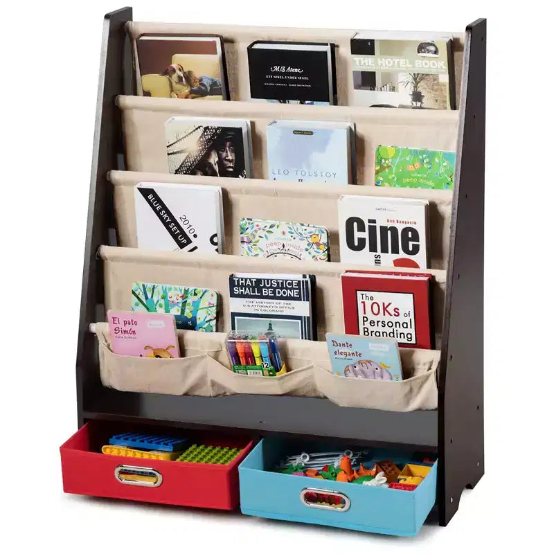 Étagère à Livres pour Enfants avec 4 Poches en Tissu et 2 Bacs de Rangement Espresso/Beige