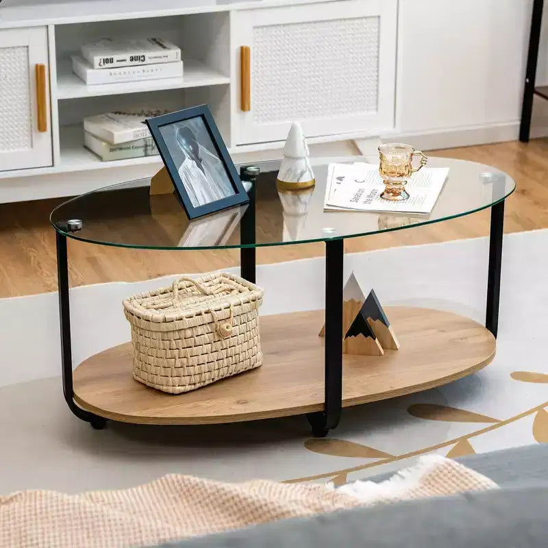Table basse à plateau en verre, 2 étages, table d'appoint ovale moderne avec étagère de rangement