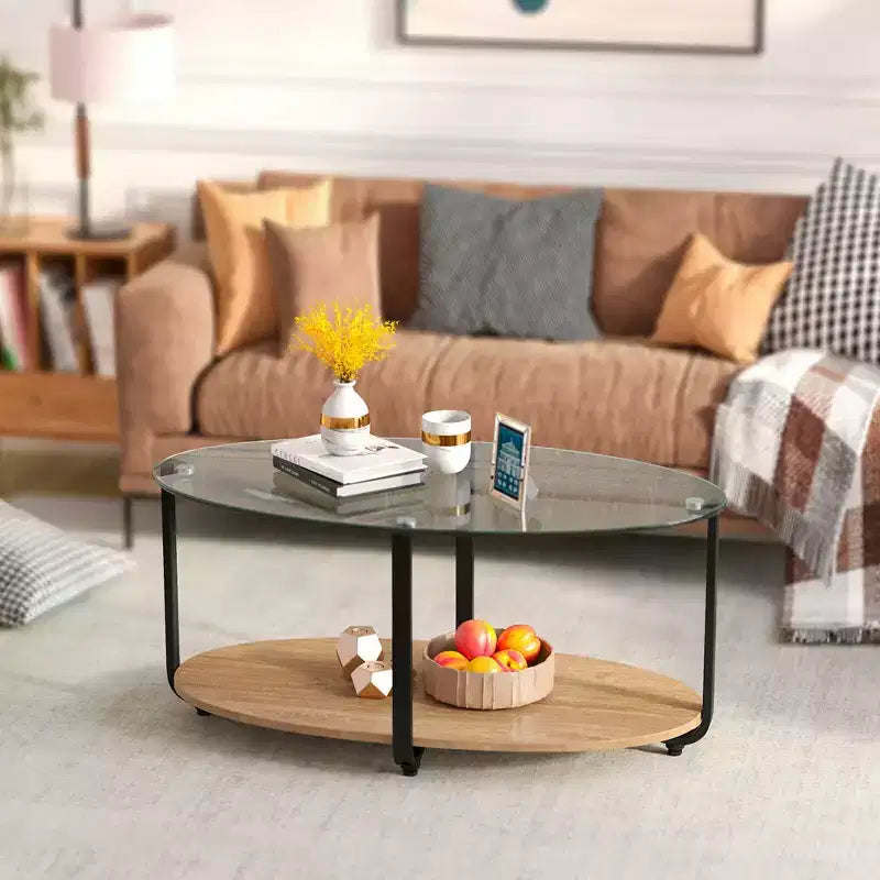 Table basse à plateau en verre, 2 étages, table d'appoint ovale moderne avec étagère de rangement