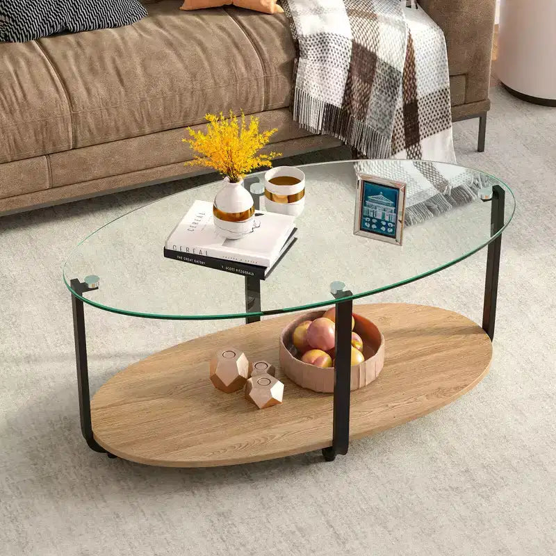 Table basse à plateau en verre, 2 étages, table d'appoint ovale moderne avec étagère de rangement
