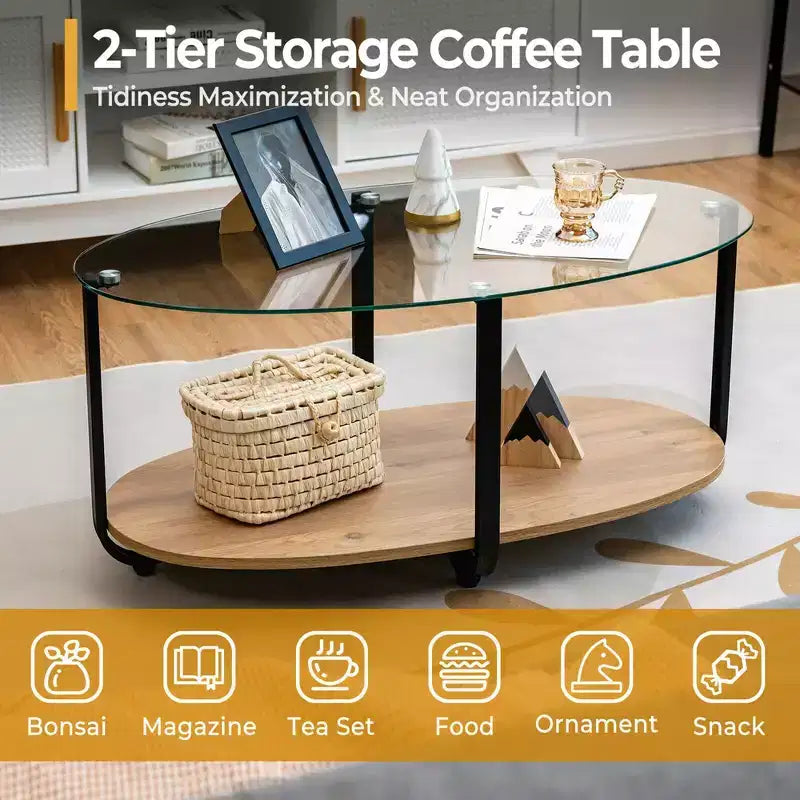 Table basse à plateau en verre, 2 étages, table d'appoint ovale moderne avec étagère de rangement