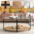Table basse à plateau en verre, 2 étages, table d'appoint ovale moderne avec étagère de rangement
